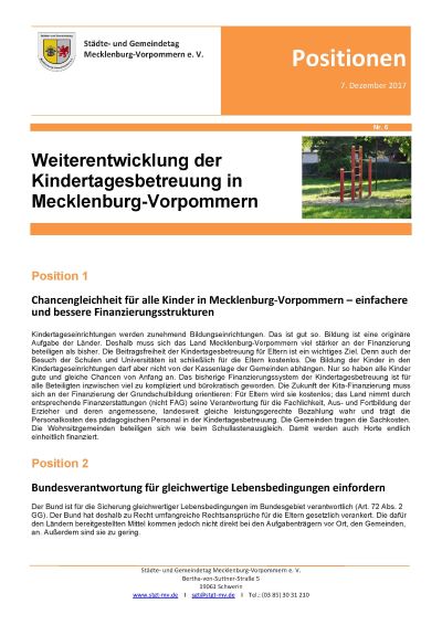 Positionspapier 6 - Weiterentwicklung der Kindertagesbetreuung in Mecklenburg-Vorpommern