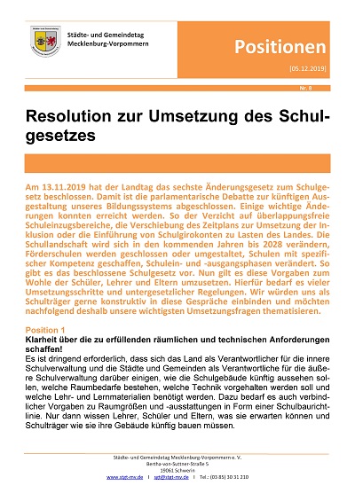 Positionspapier 8 - Resolution zur Umsetzung des Schulgestzes