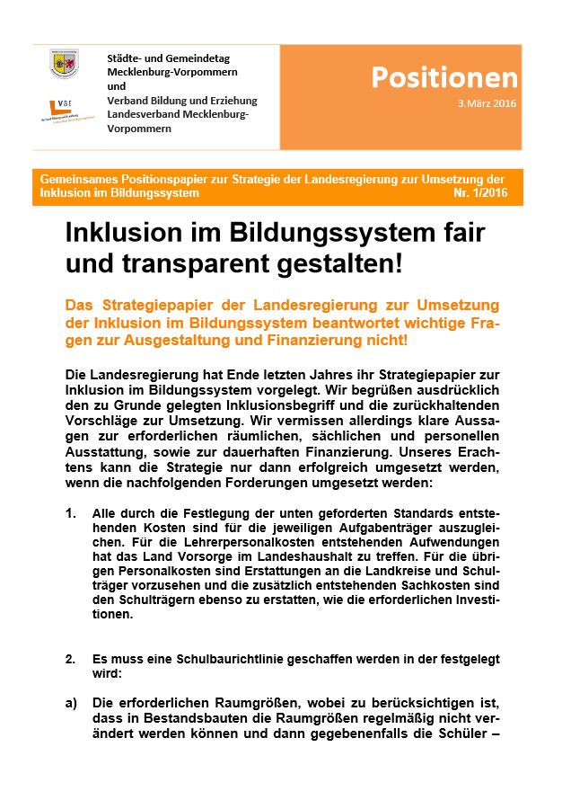 Positionspapier 2 - Inklusion im Bildungssystem fair und transparent gestalten!