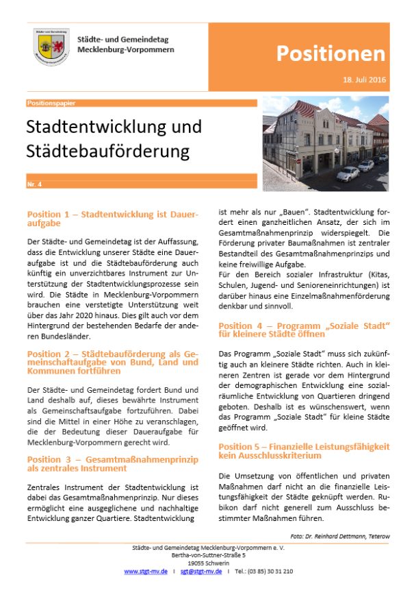 Positionspapier 4 - Stadtentwicklung und Städtebauförderung