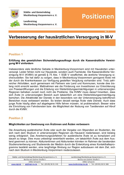 Positionspapier 7- Verbesserung der hausärztlichen Versorgung