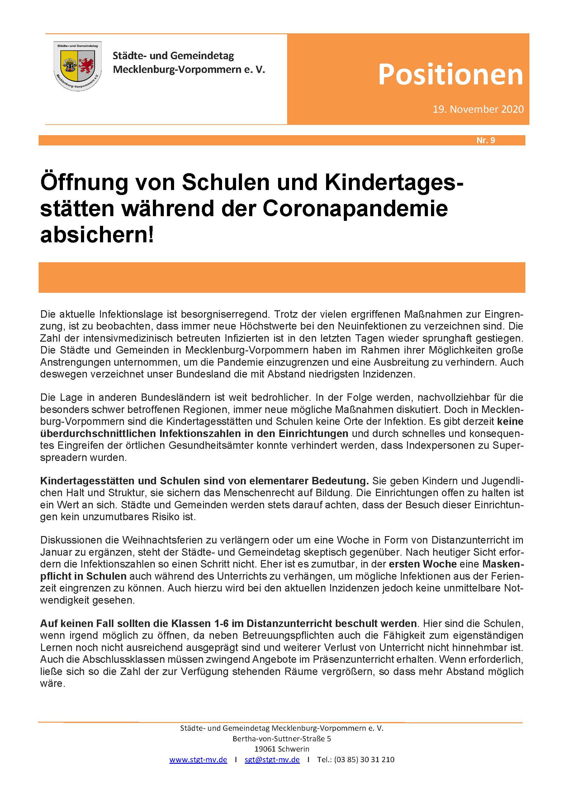 Positionspapier 9 - Öffnung von Schulen und Kindertagesstätten während der Coronapandemie absichern!